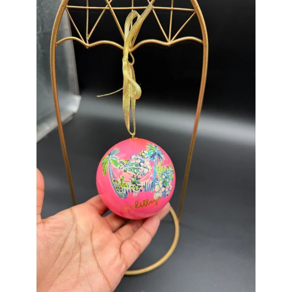 Lilly‎ Pulitzer Pink Tropical Palm Tree Christmas Ball Ornament Gold Ribbon 3in